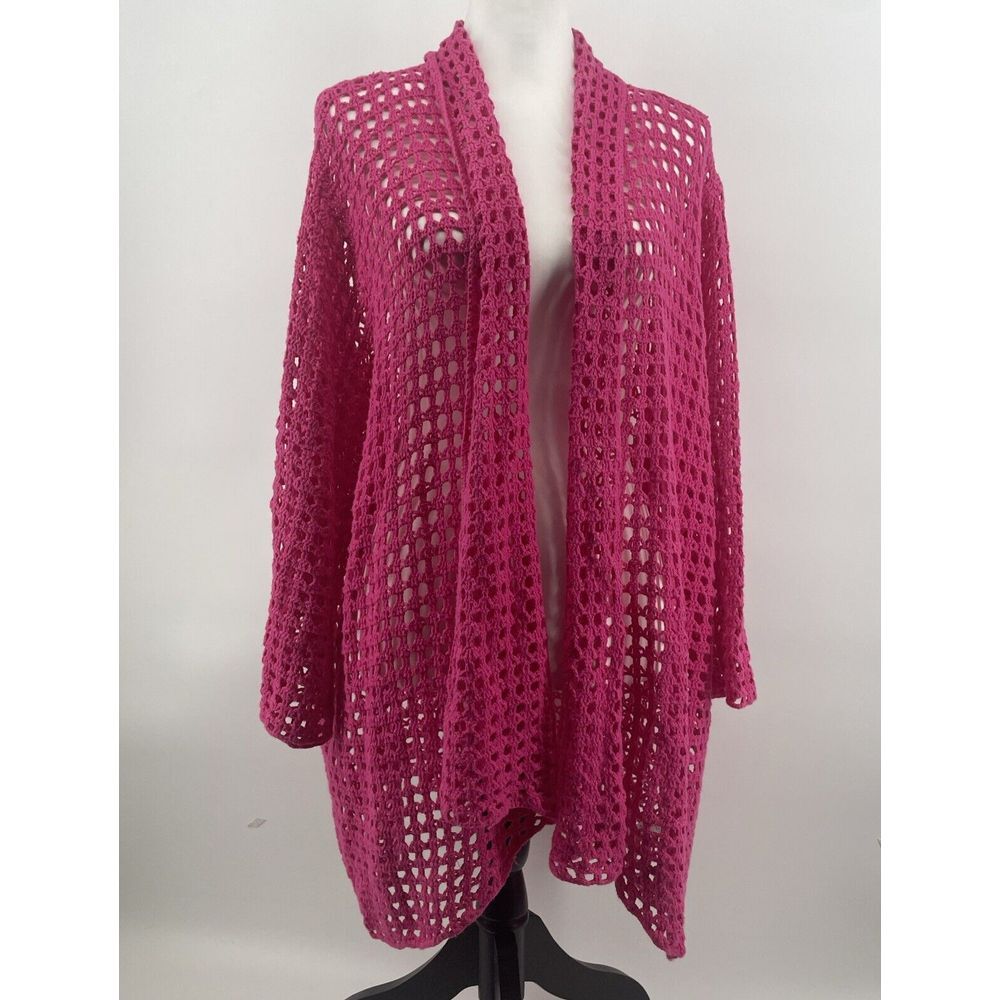 Jessica London Crochet Knit Cardigan Women's 26/28 Pink Festival Artsy Boho